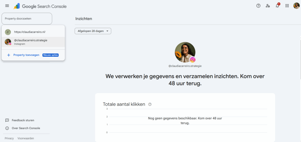 Google Search Console Platform Properties voorbeeld omgeving Claudia Carreiro Contentstrategie met Instagram koppeling