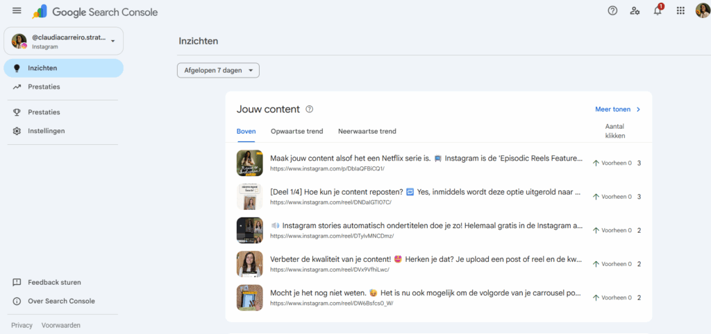 Google Search Console Platform Properties: met de Instagram koppeling kun je zien welke content goed scoort op Google (voorbeeld Claudia Carreiro Contentstrategie)